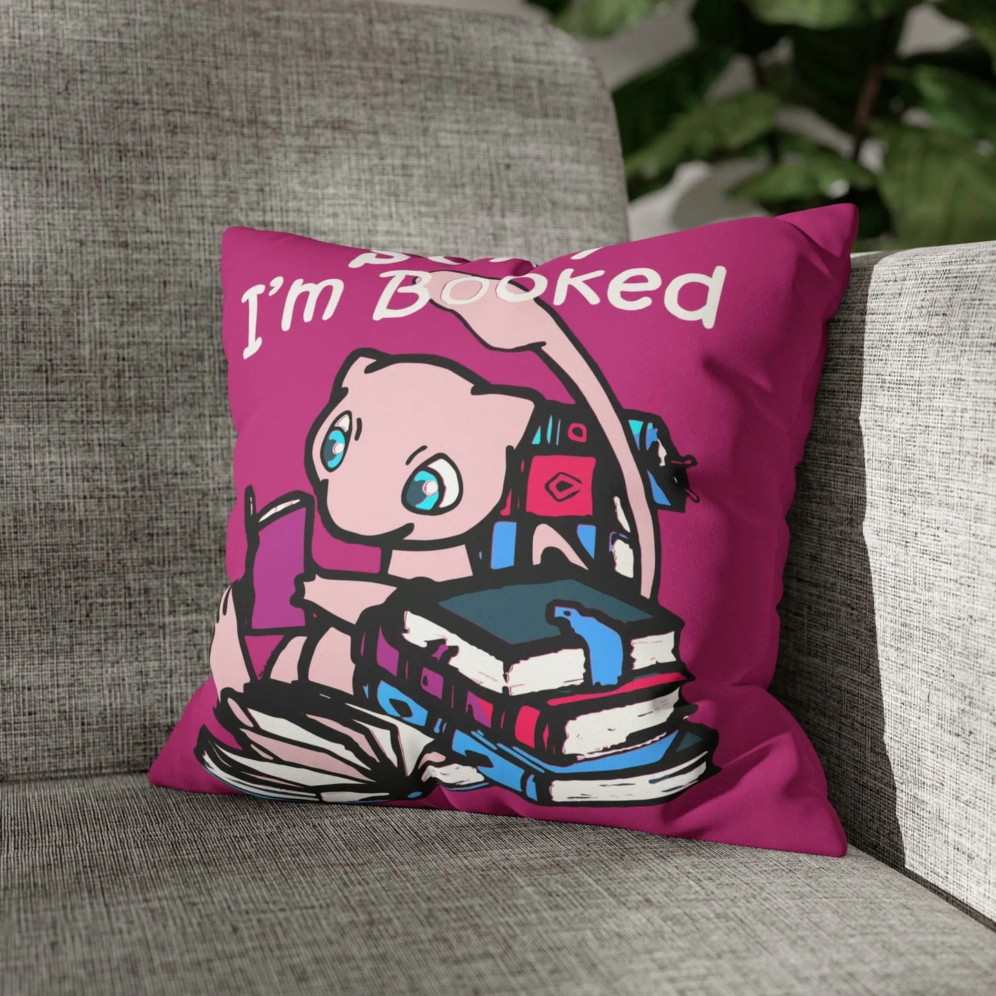 Mew Pokemon Sorry I'm Booked Faux Suede Square Pillow Case in pink