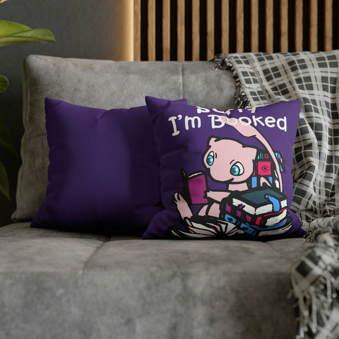 Mew Pokemon Sorry I'm Booked Faux Suede Square Pillow Case in purple