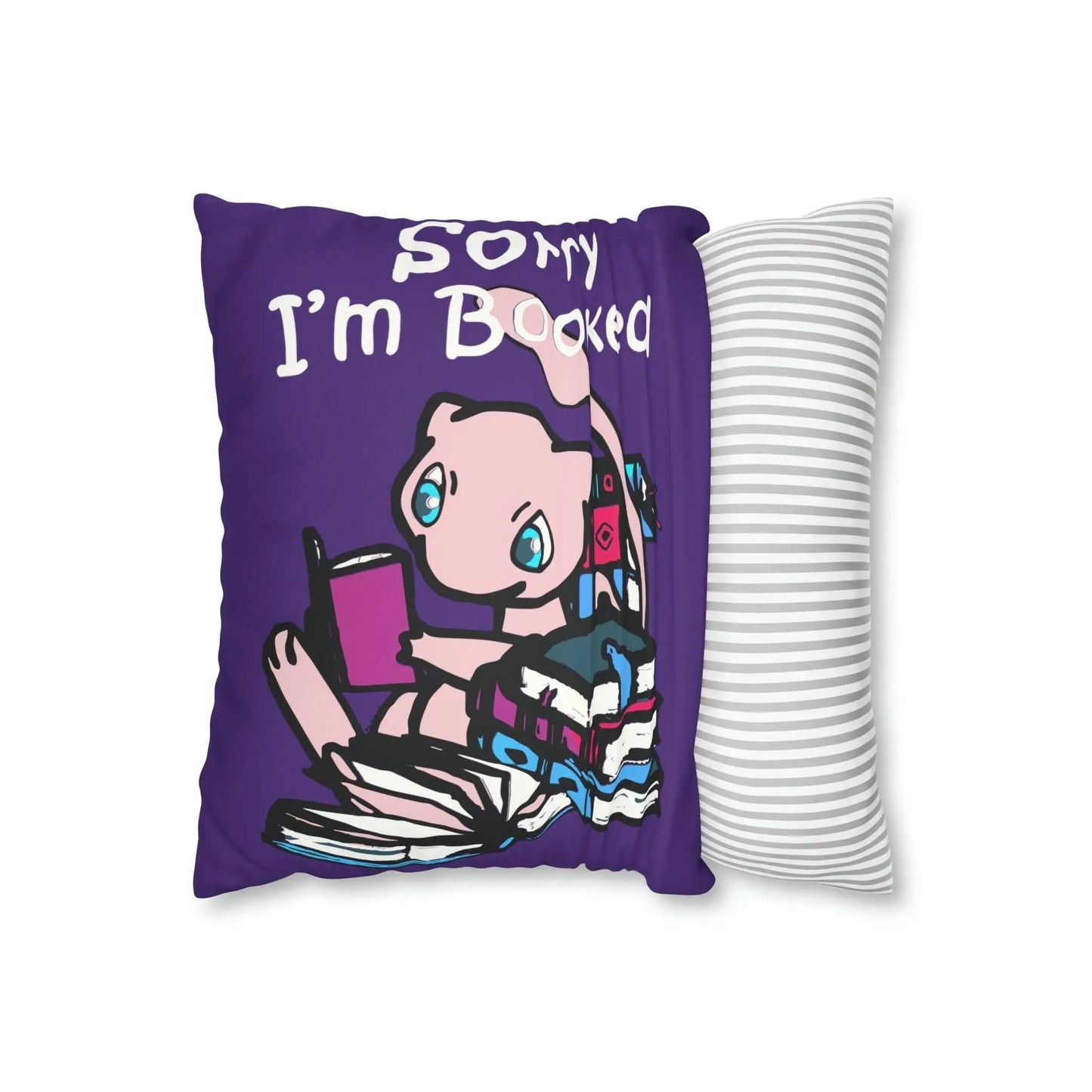 Mew Pokemon Sorry I'm Booked Faux Suede Square Pillow Case in purple