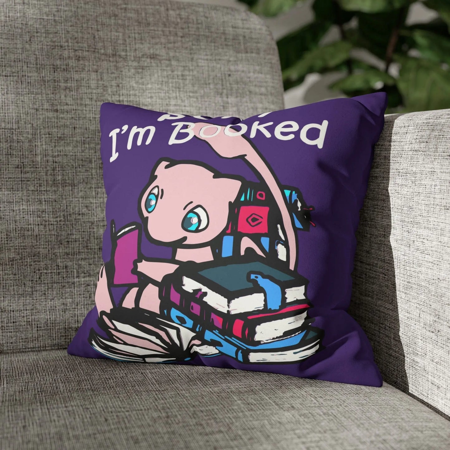 Mew Pokemon Sorry I'm Booked Faux Suede Square Pillow Case in purple