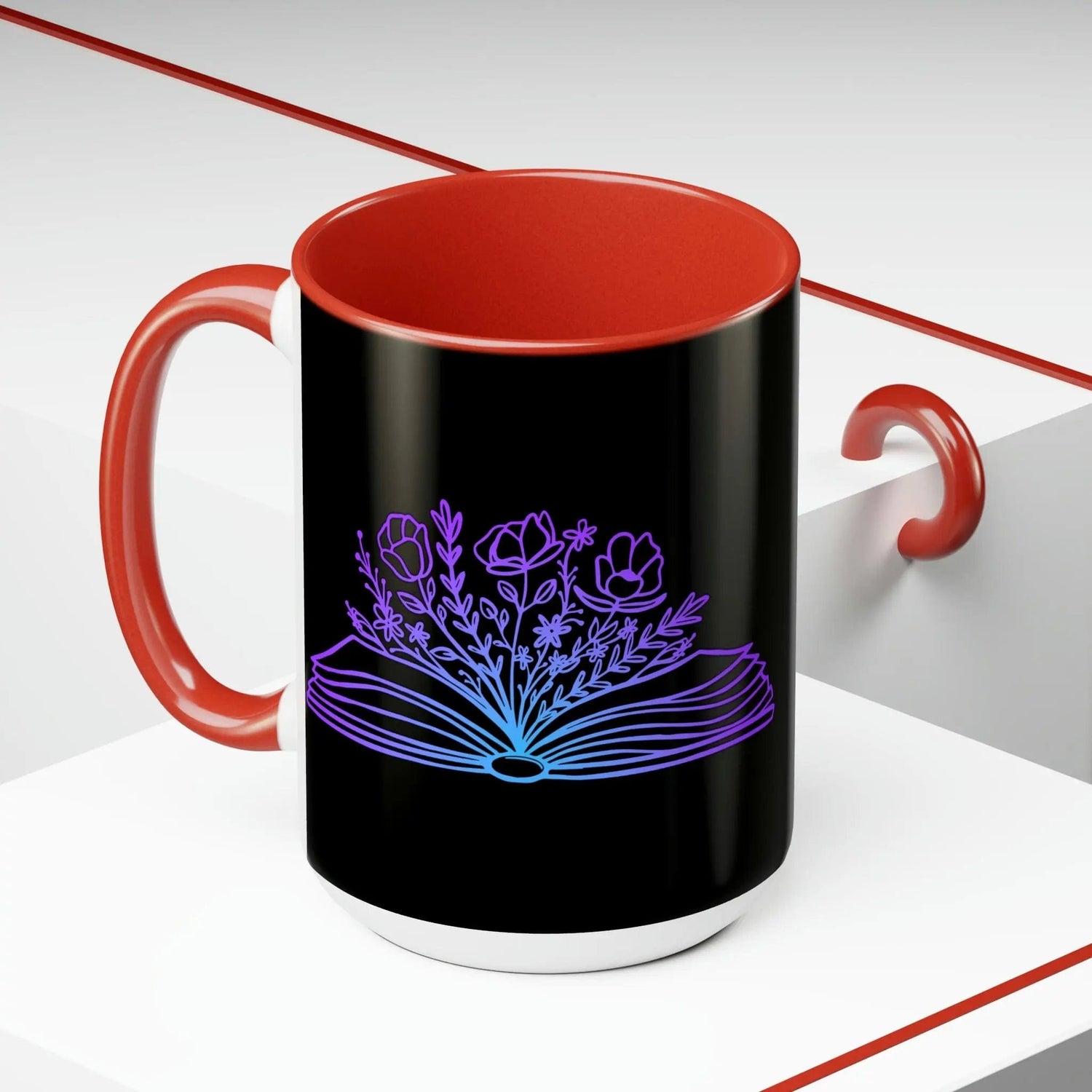 Mom loves books and flowers Two-Tone Coffee Mugs, 15oz 15oz Red