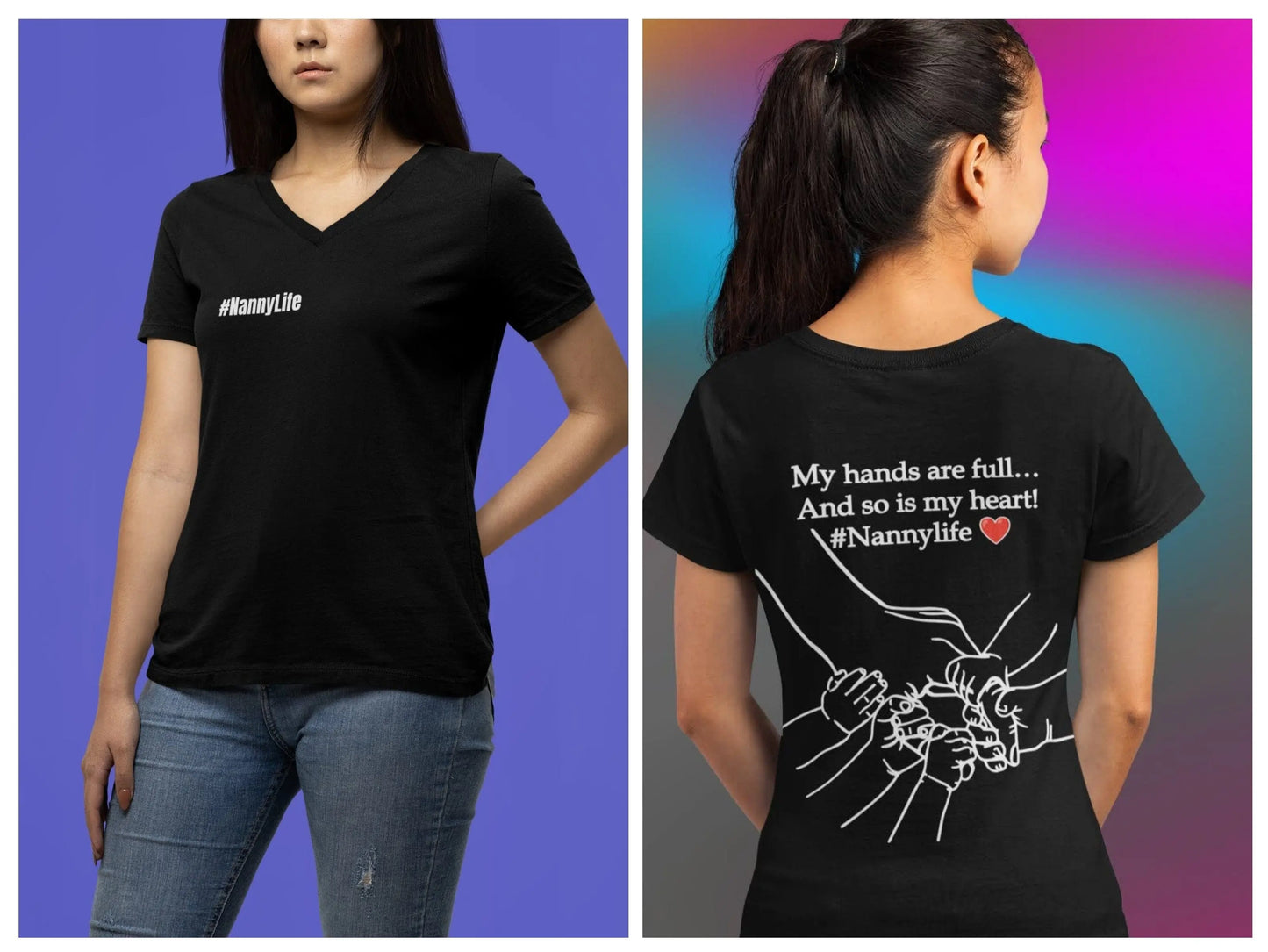 Nanny Life Hands are so Full, So is my Heart Front and Back Unisex Jersey Short Sleeve V-Neck Tee