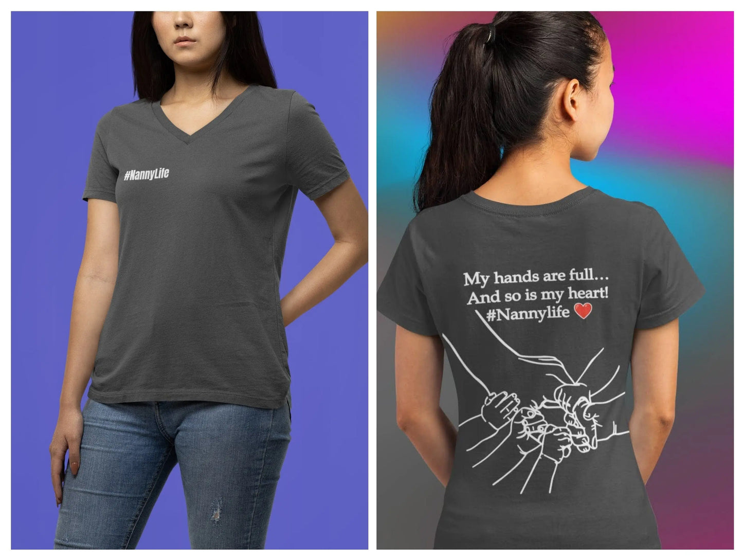 Nanny Life Hands are so Full, So is my Heart Front and Back Unisex Jersey Short Sleeve V-Neck Tee