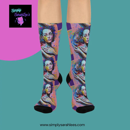 Pretty lady with paint splatter Cushioned Crew Socks Printify