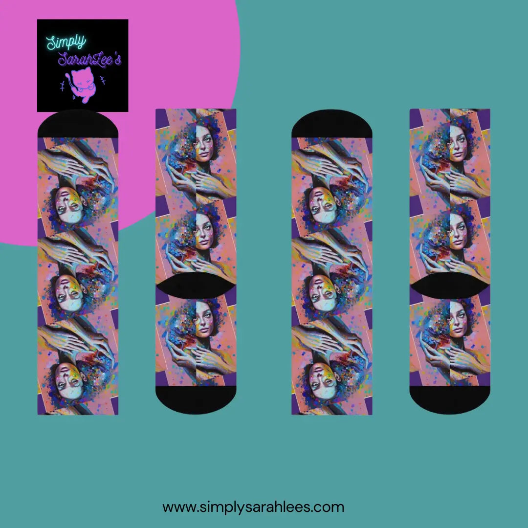 Pretty lady with paint splatter Cushioned Crew Socks Printify