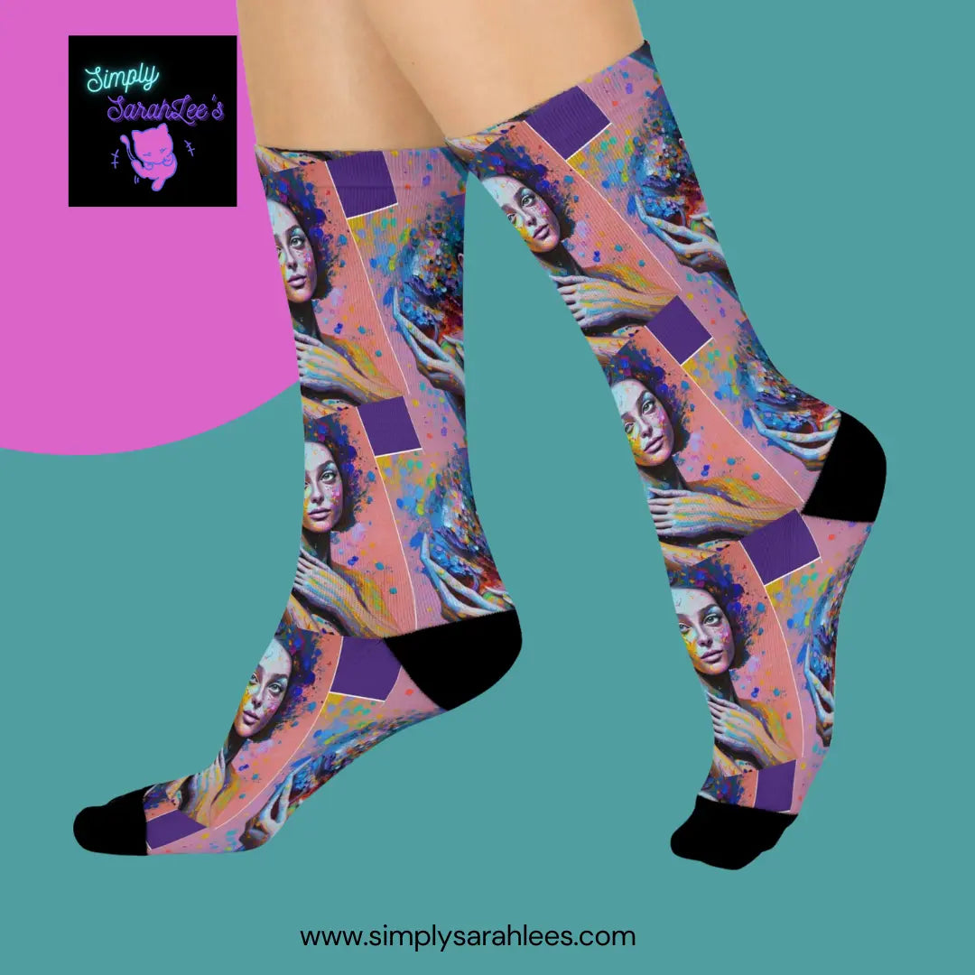 Pretty lady with paint splatter Cushioned Crew Socks Printify