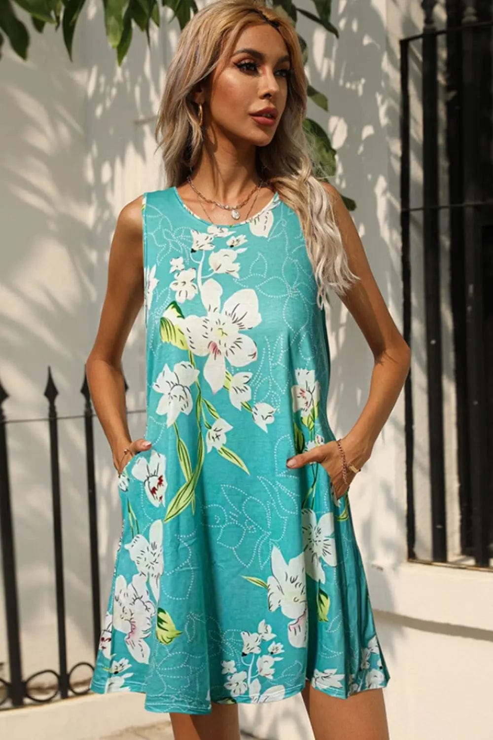 Printed Round Neck Sleeveless Dress with Pockets - Simply Sarahlee's