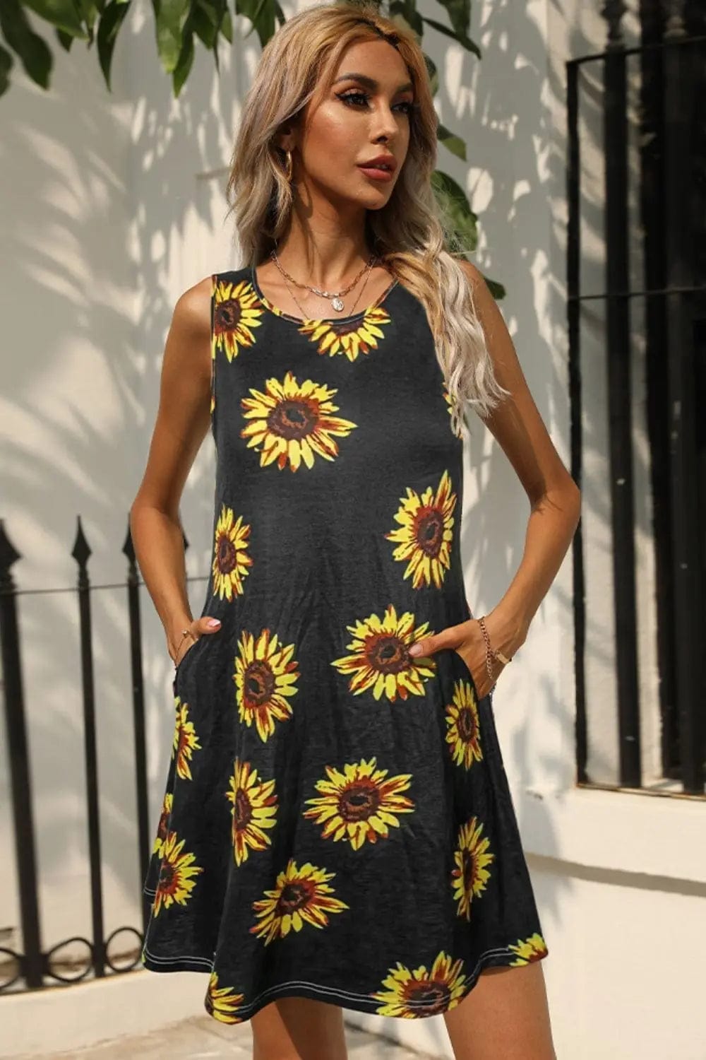 Printed Round Neck Sleeveless Dress with Pockets - Simply Sarahlee's