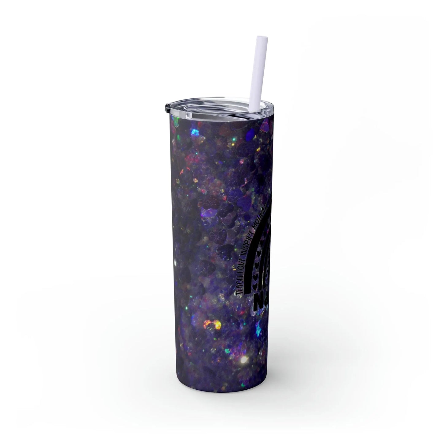 Purple Glitter Photo Nanny Inspiring Rainbow Skinny Tumbler with Straw, 20oz