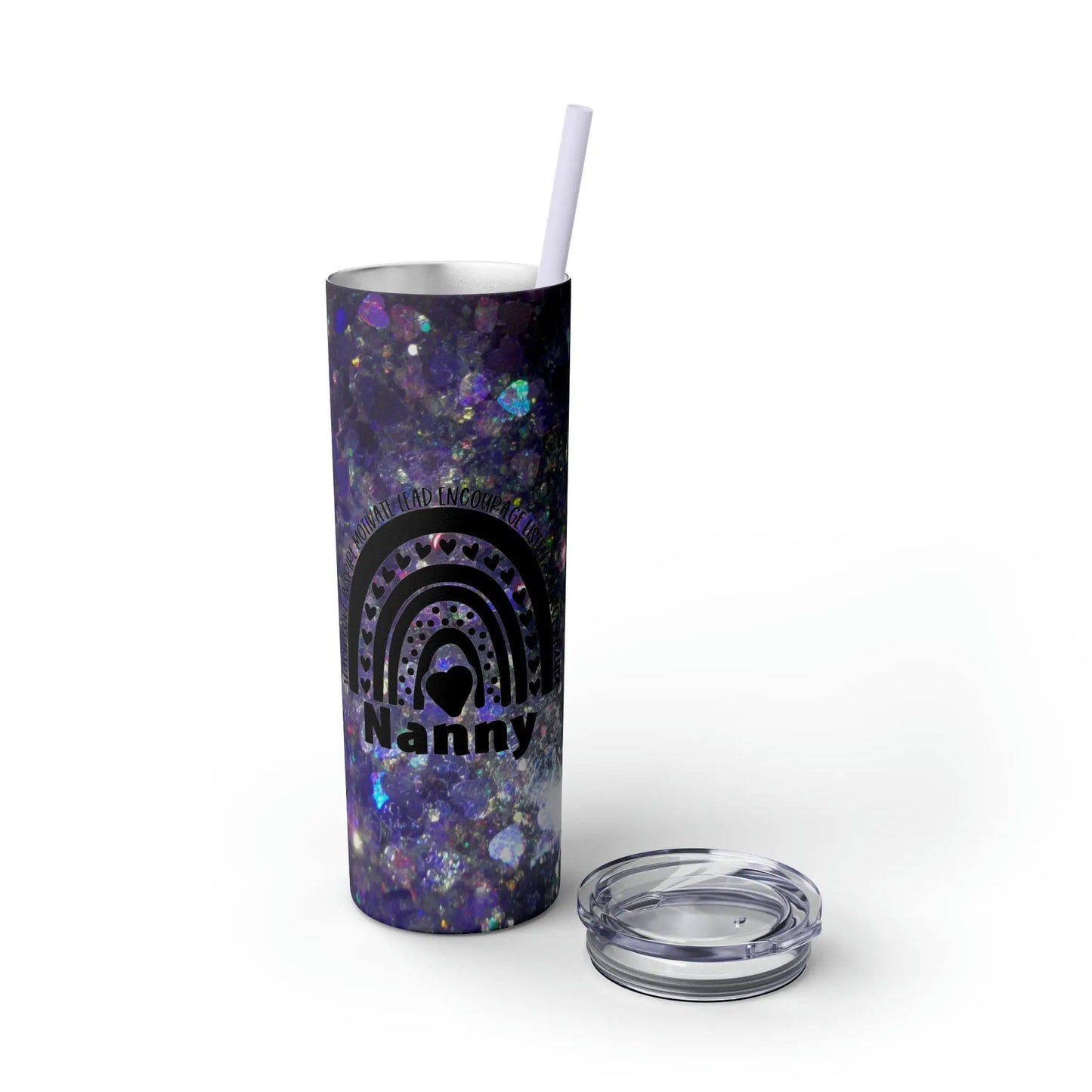 Purple Glitter Photo Nanny Inspiring Rainbow Skinny Tumbler with Straw, 20oz