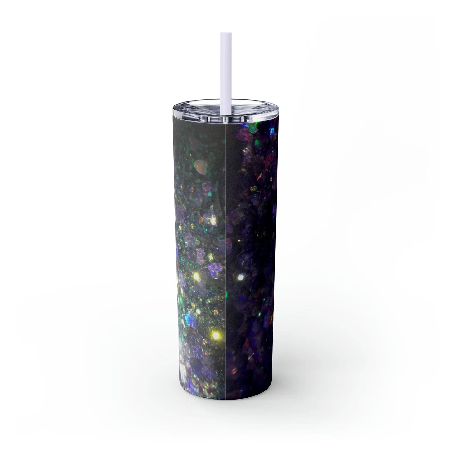 Purple Glitter Photo Nanny Inspiring Rainbow Skinny Tumbler with Straw, 20oz