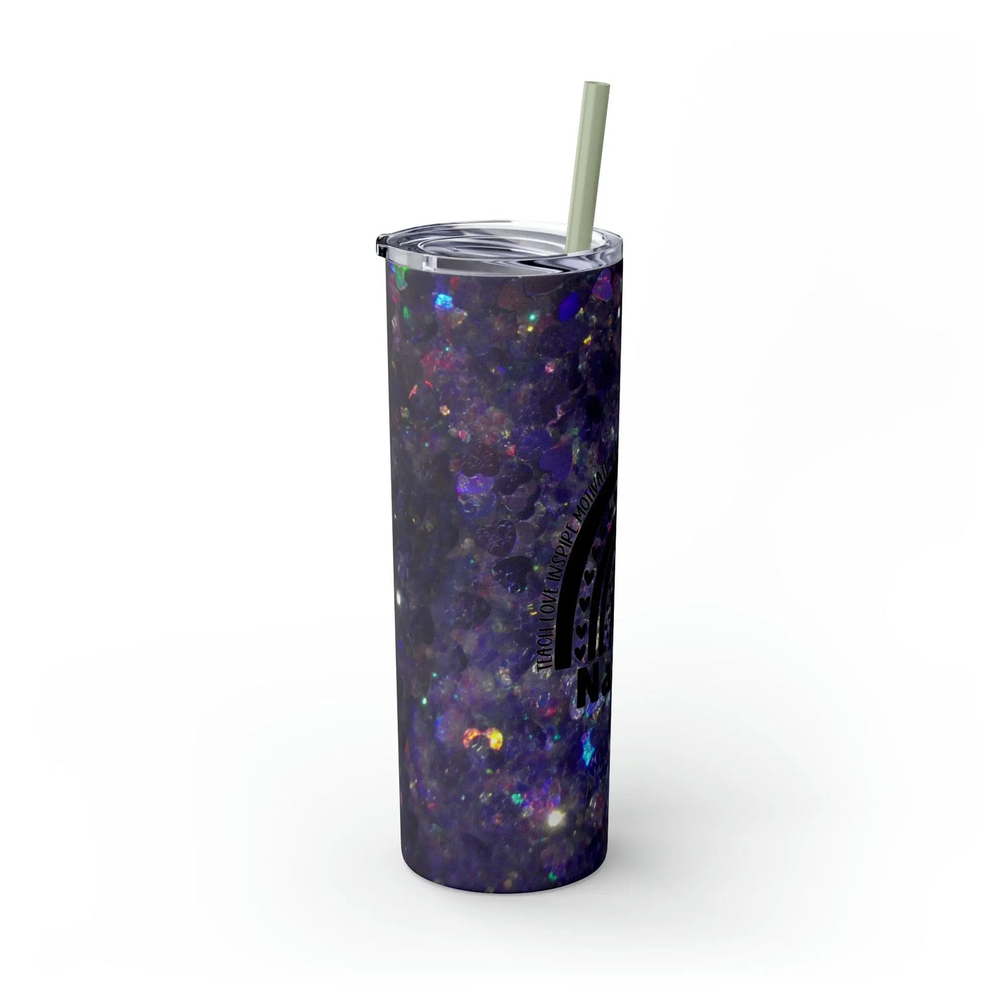 Purple Glitter Photo Nanny Inspiring Rainbow Skinny Tumbler with Straw, 20oz