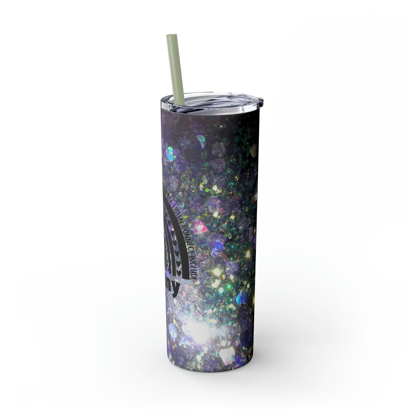 Purple Glitter Photo Nanny Inspiring Rainbow Skinny Tumbler with Straw, 20oz