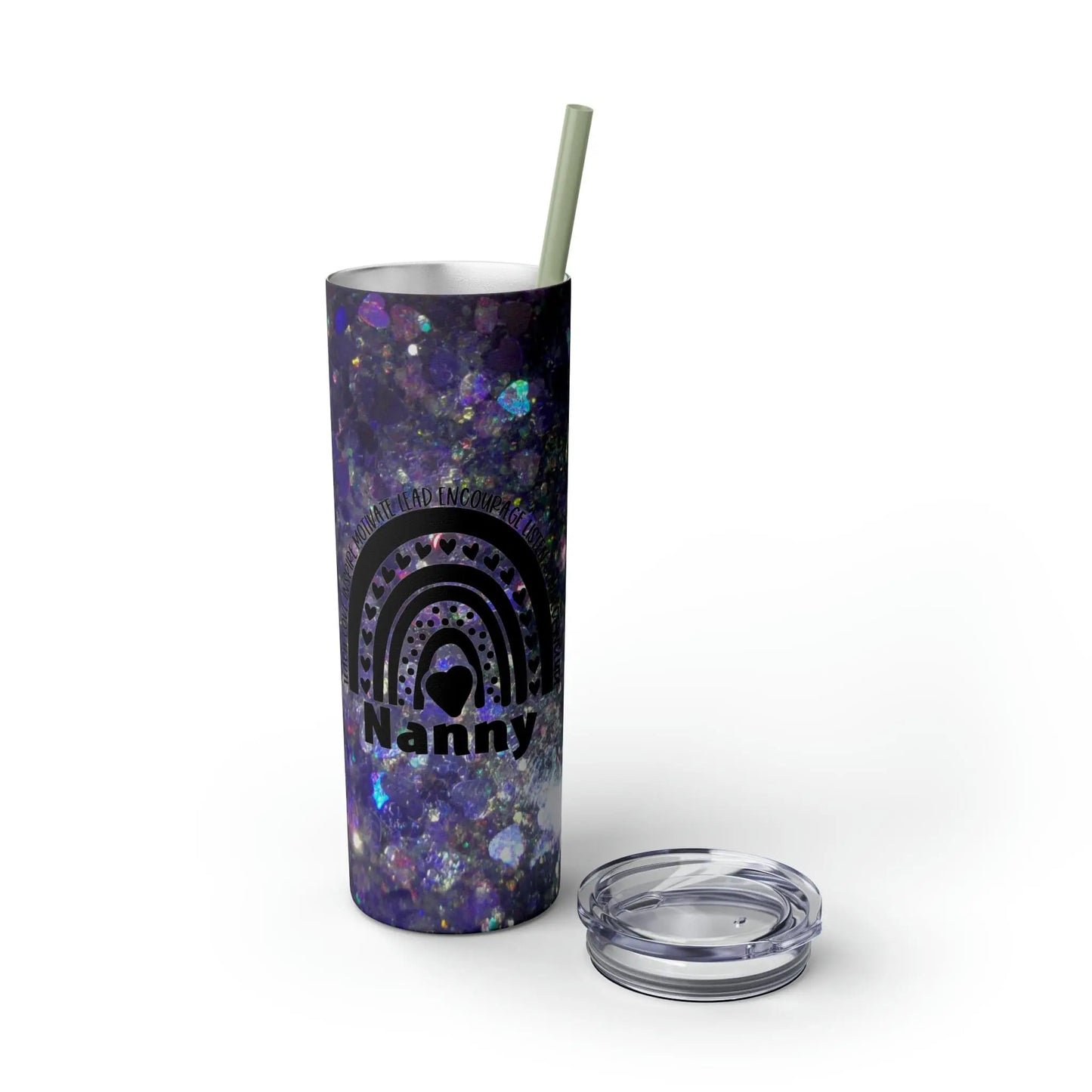 Purple Glitter Photo Nanny Inspiring Rainbow Skinny Tumbler with Straw, 20oz