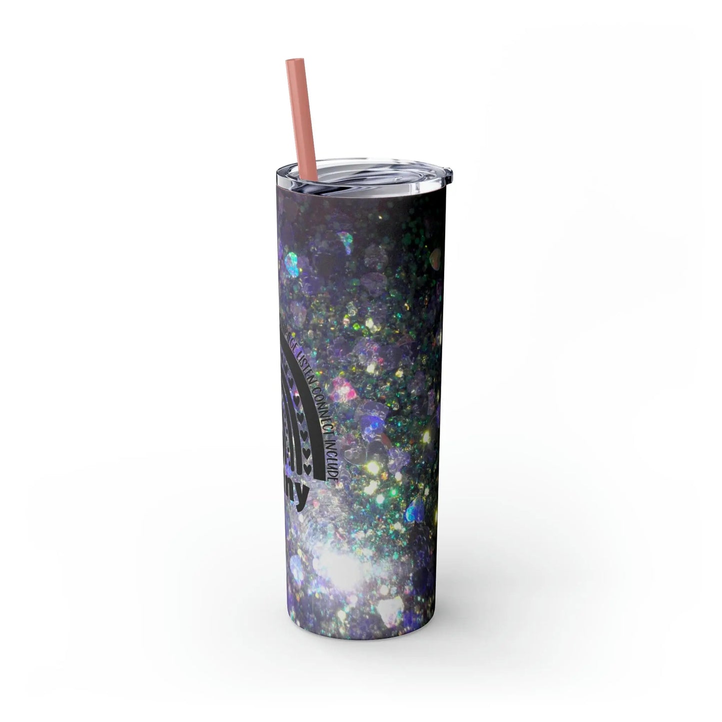 Purple Glitter Photo Nanny Inspiring Rainbow Skinny Tumbler with Straw, 20oz