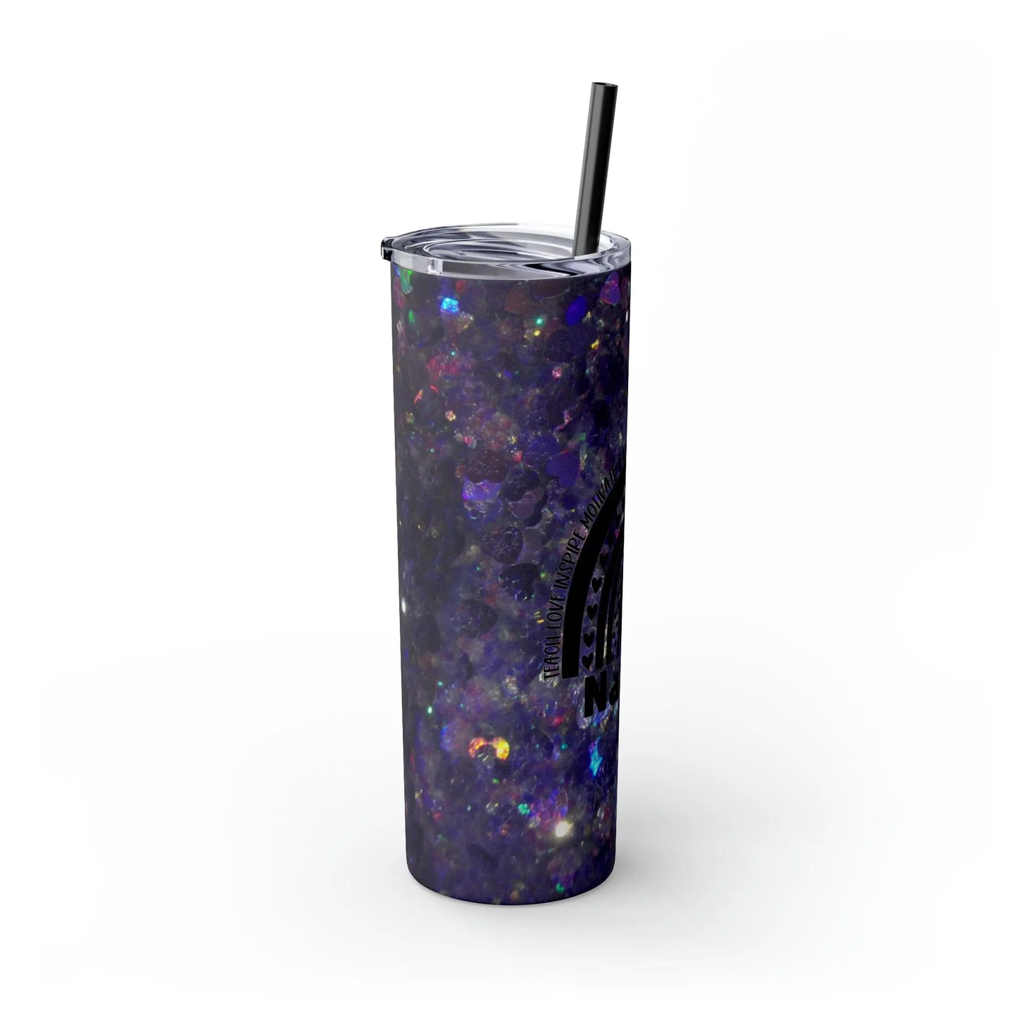 Purple Glitter Photo Nanny Inspiring Rainbow Skinny Tumbler with Straw, 20oz