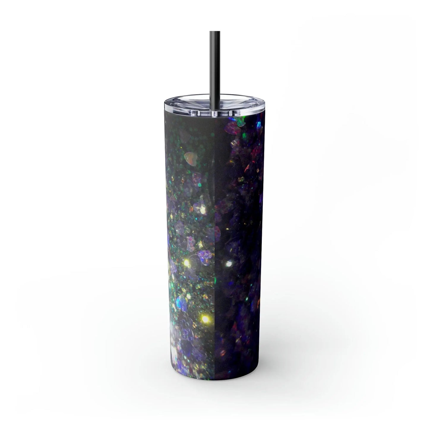 Purple Glitter Photo Nanny Inspiring Rainbow Skinny Tumbler with Straw, 20oz