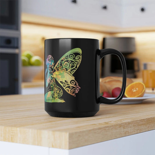 Rainbow Broken Fairy Black Mug, 15oz