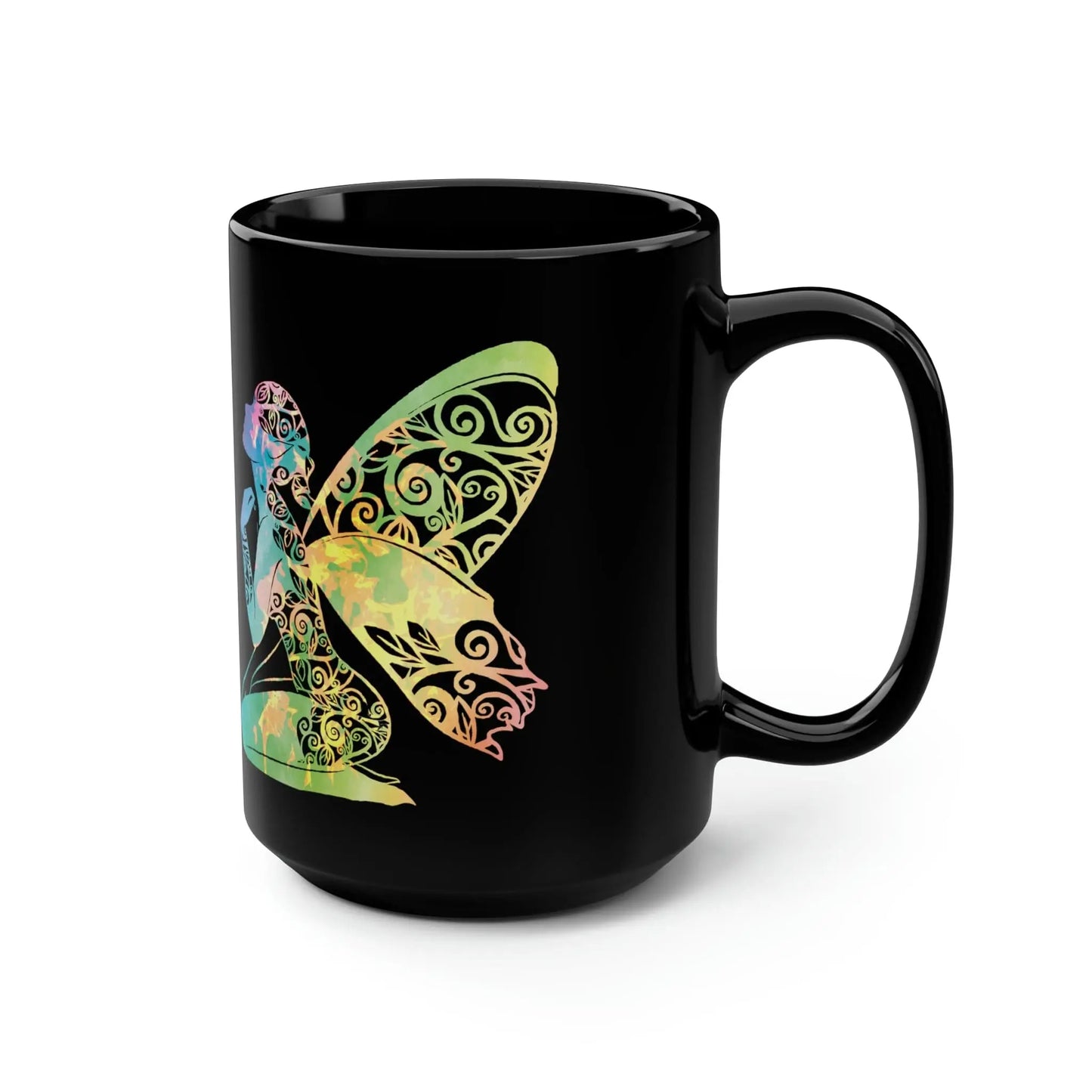 Rainbow Broken Fairy Black Mug, 15oz