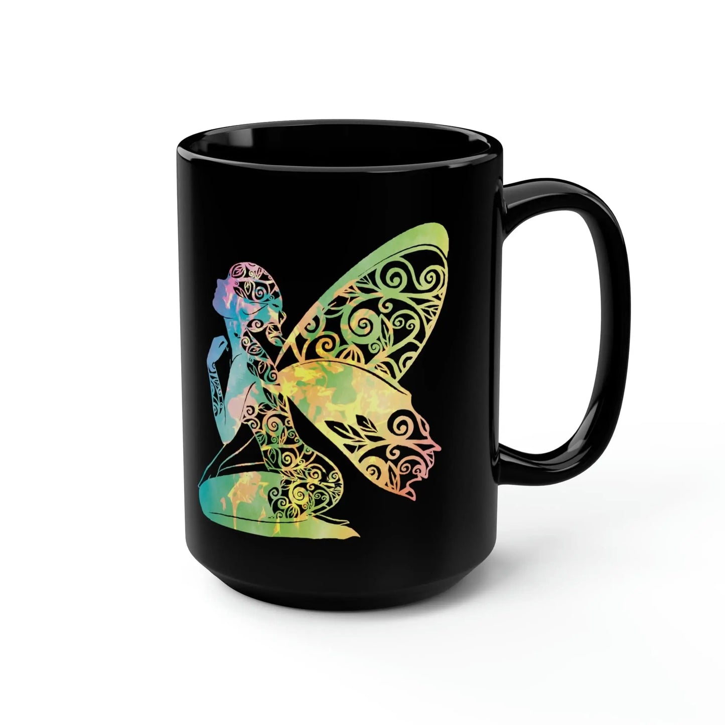 Rainbow Broken Fairy Black Mug, 15oz