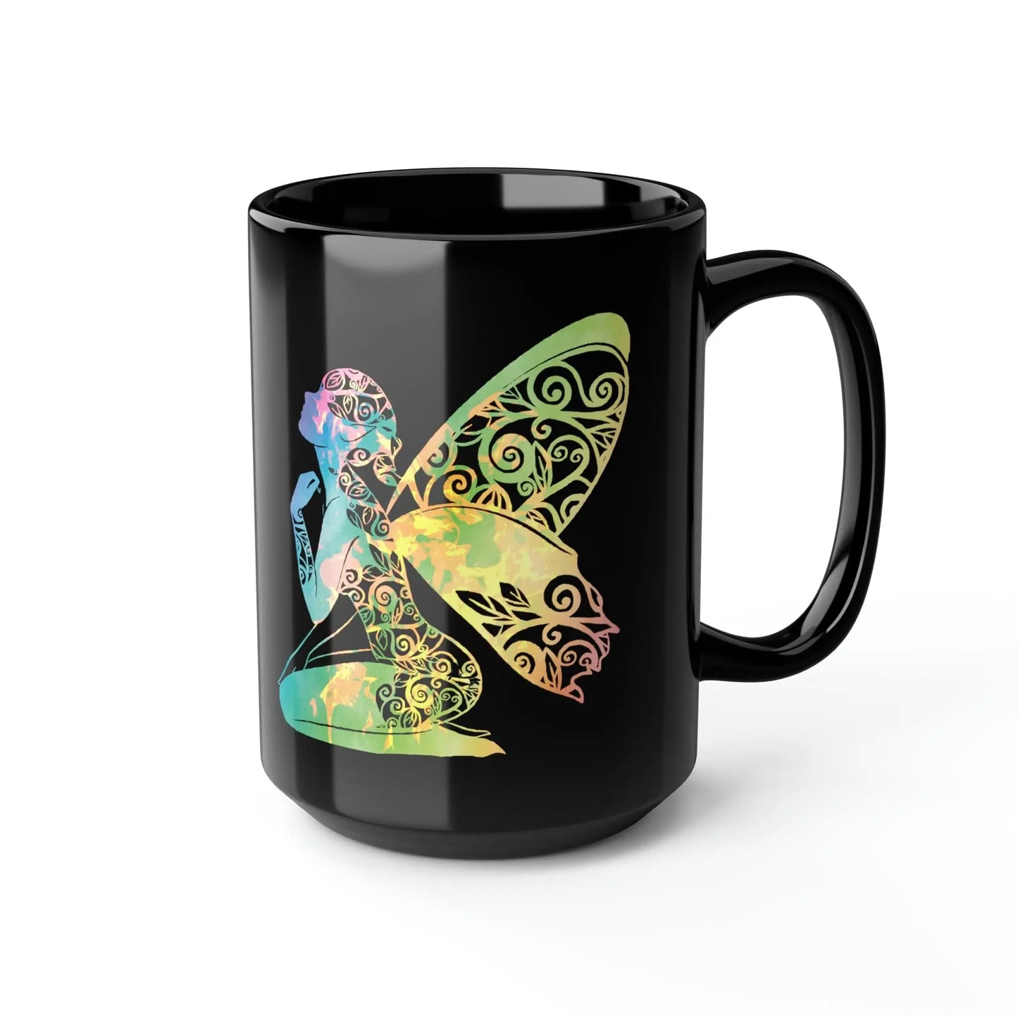 Rainbow Broken Fairy Black Mug, 15oz