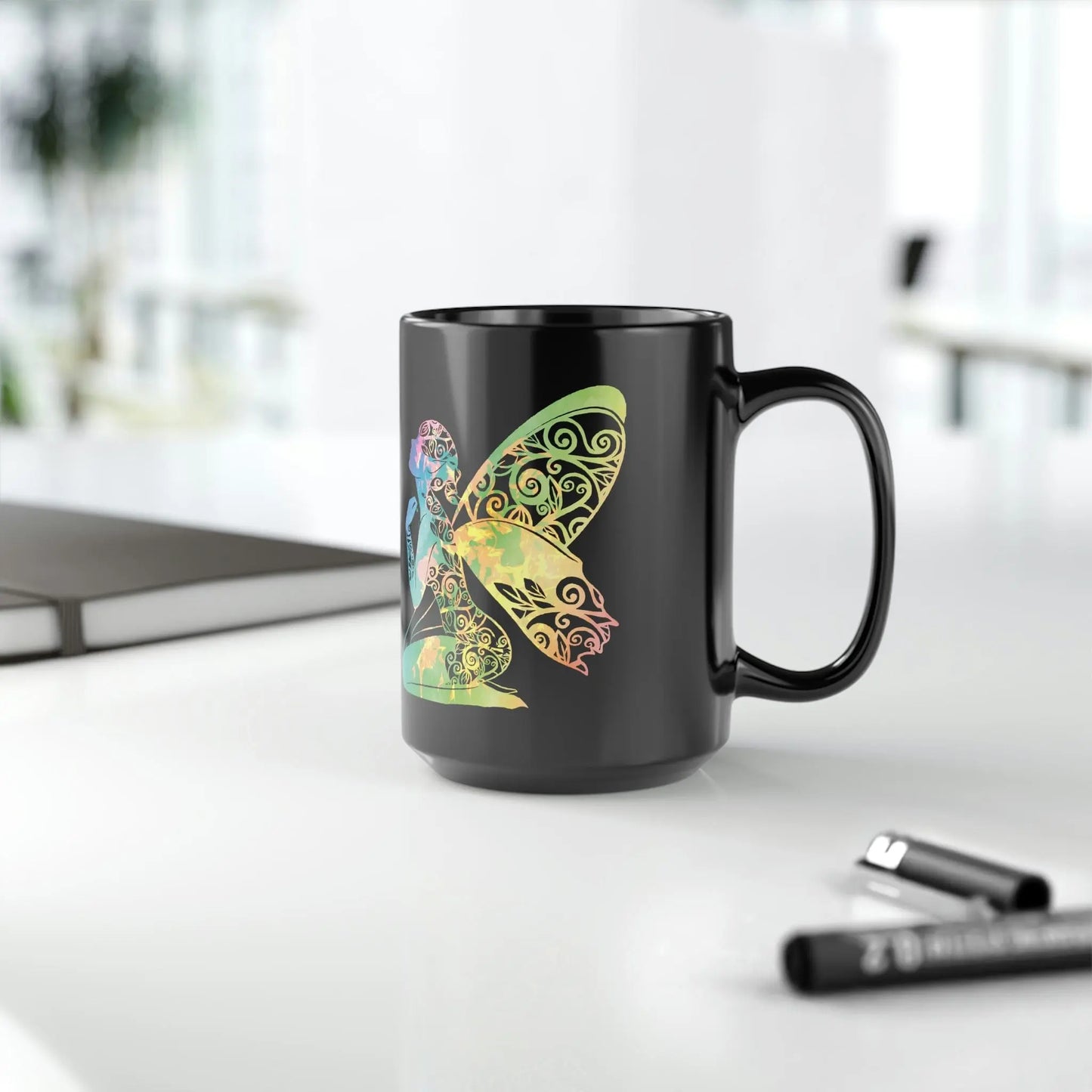 Rainbow Broken Fairy Black Mug, 15oz