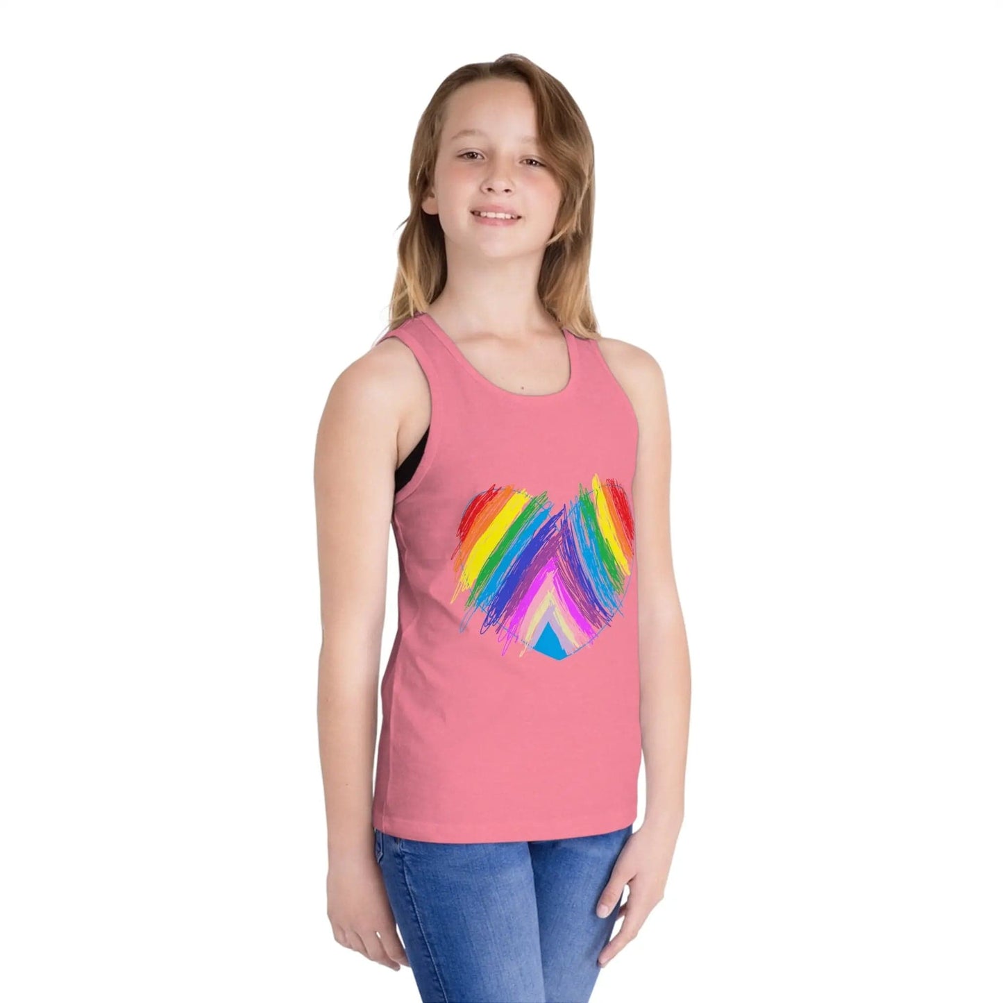 Rainbow Heart Drawing Kid's Jersey Tank Top in 5 great colors Neon Pink L