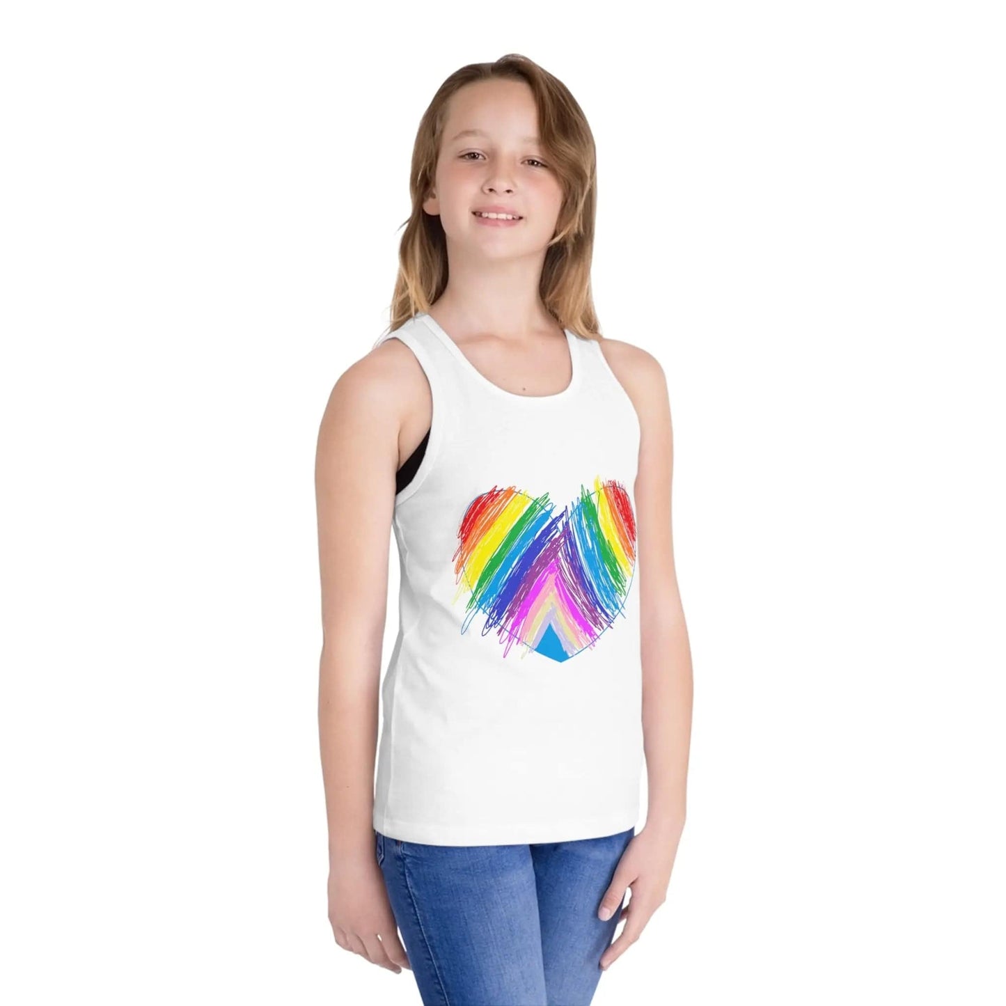 Rainbow Heart Drawing Kid's Jersey Tank Top in 5 great colors White L