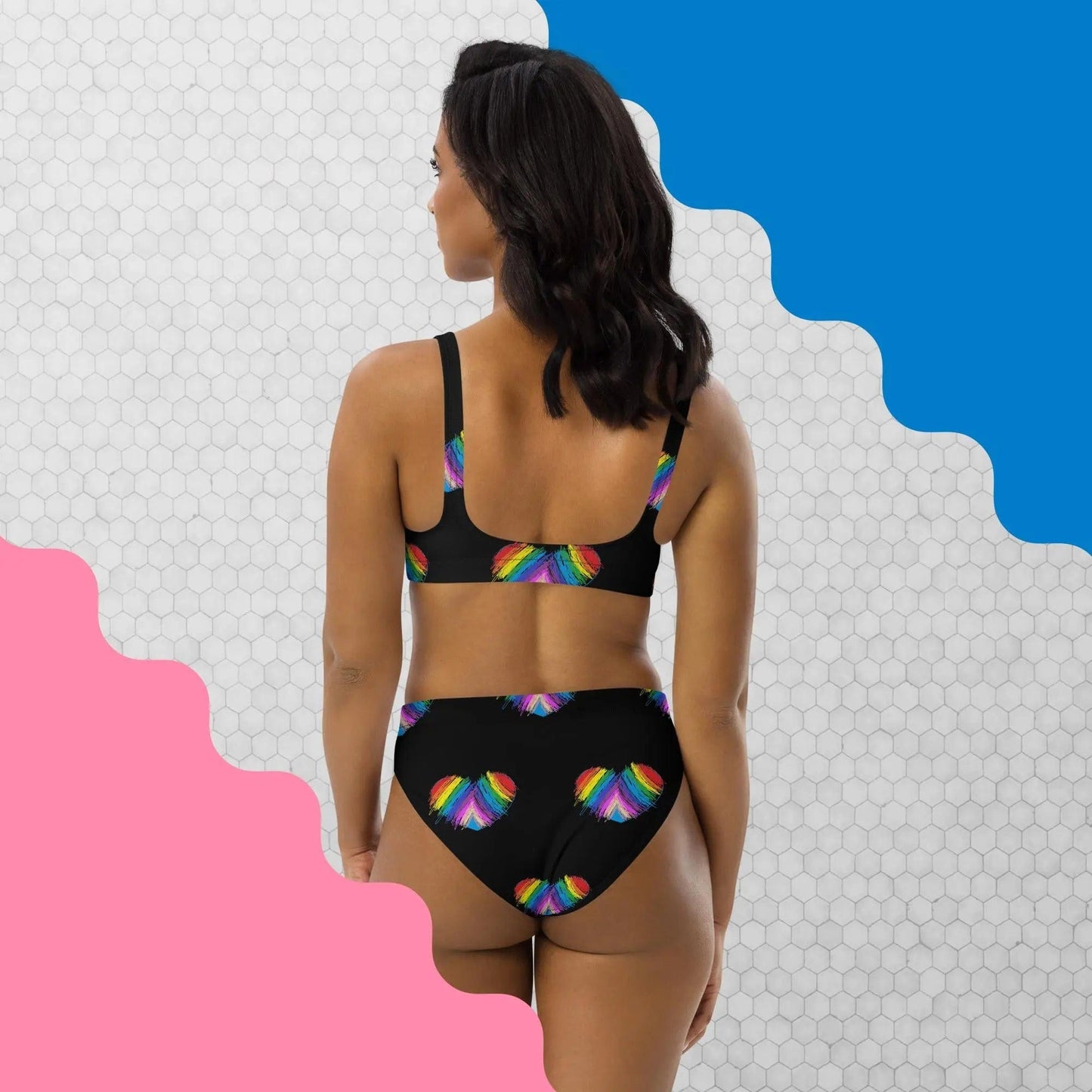 Rainbow Heart Drawing Recycled high-waisted modest bikini