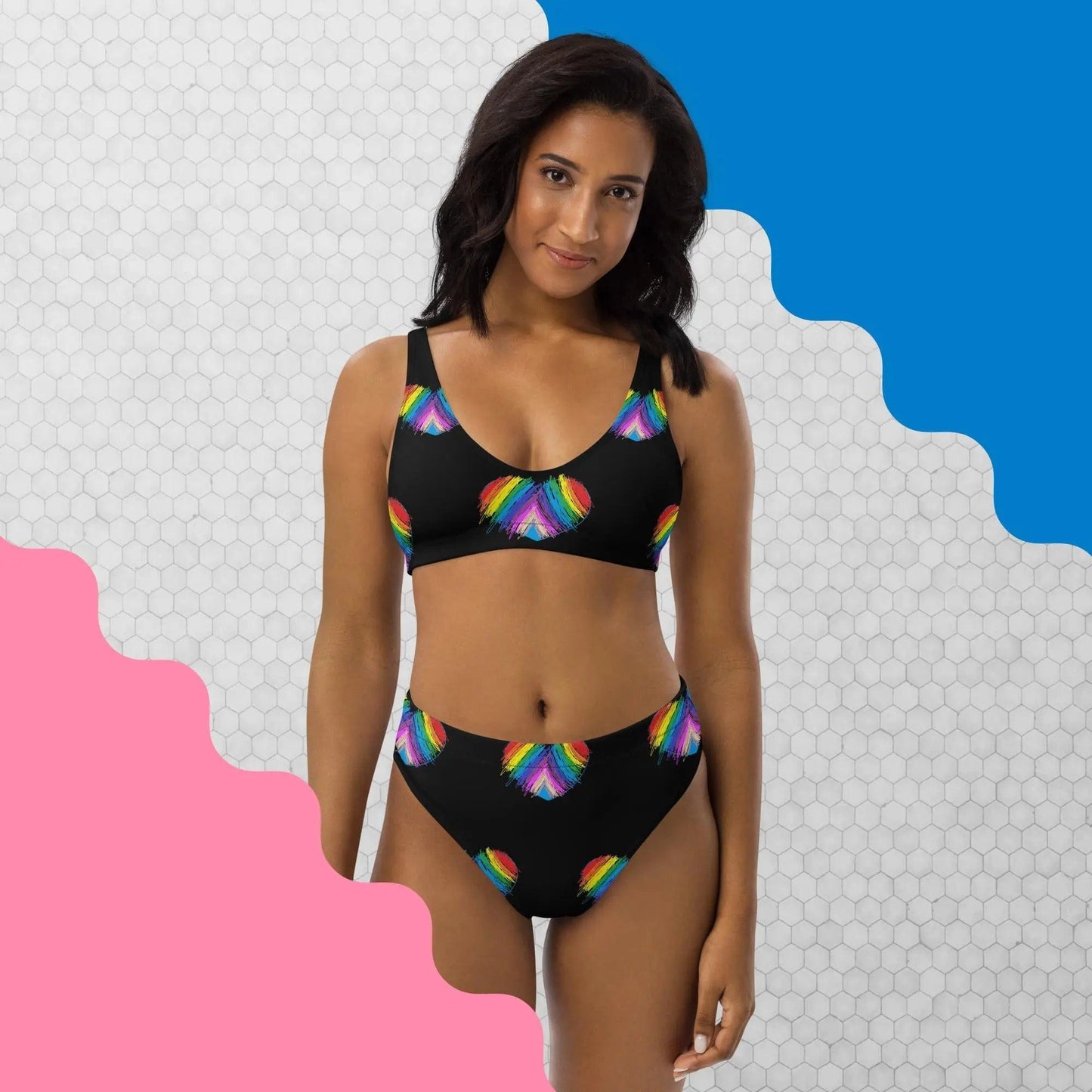 Rainbow Heart Drawing Recycled high-waisted modest bikini