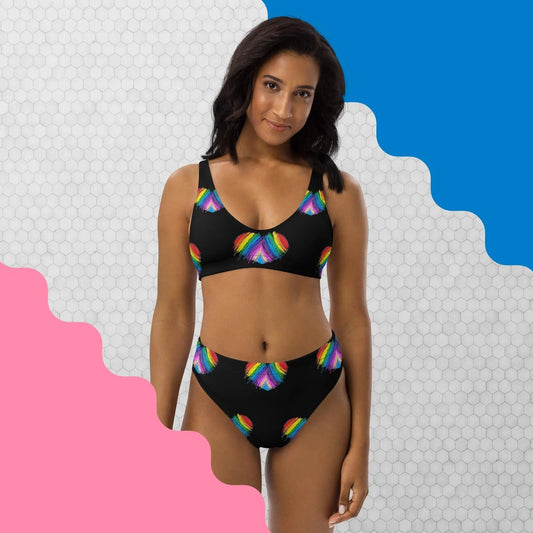 Rainbow Heart Drawing Recycled high-waisted modest bikini