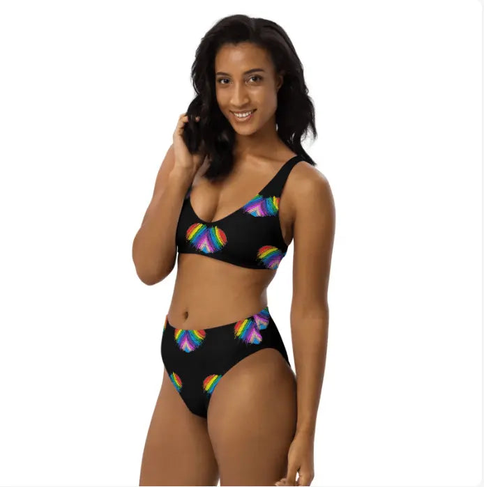 Rainbow Heart Drawing Recycled high-waisted modest bikini