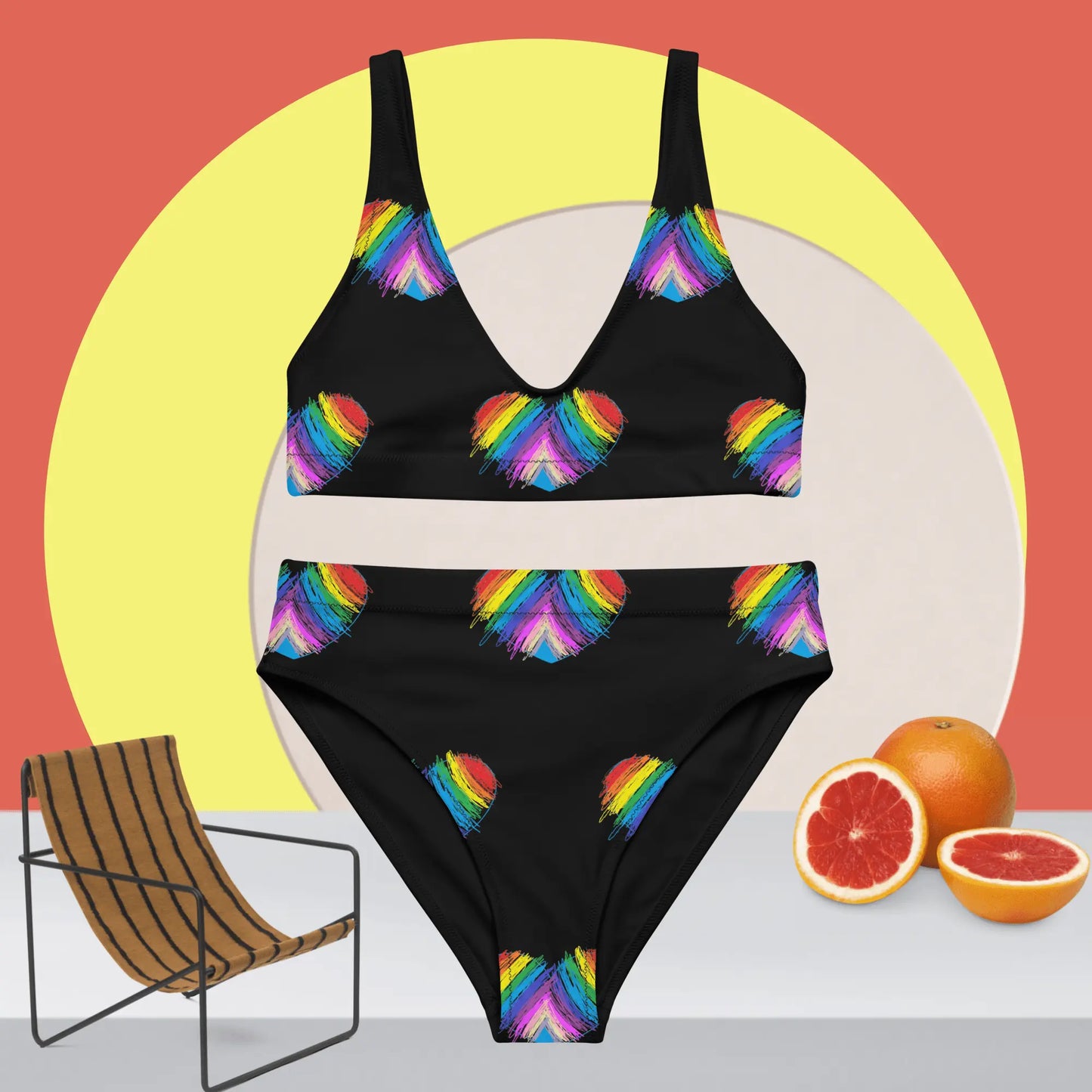 Rainbow Heart Drawing Recycled high-waisted modest bikini