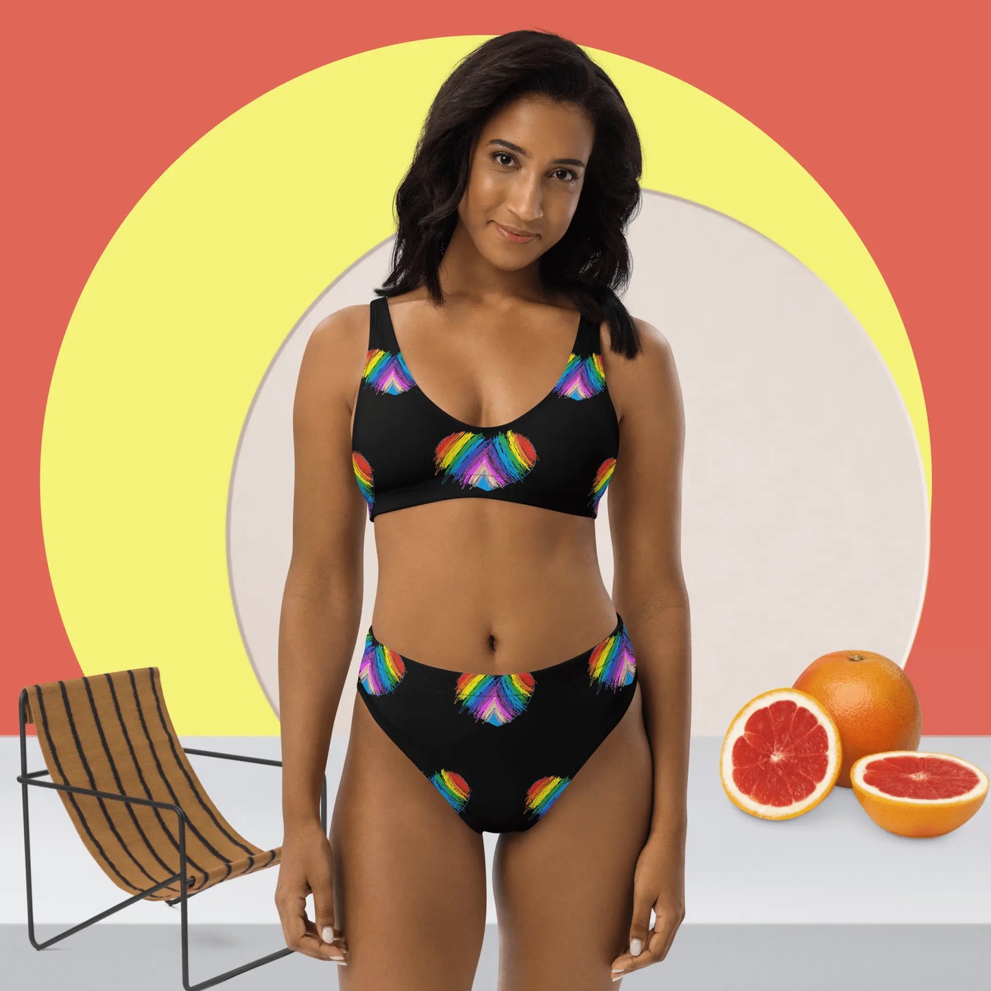 Rainbow Heart Drawing Recycled high-waisted modest bikini