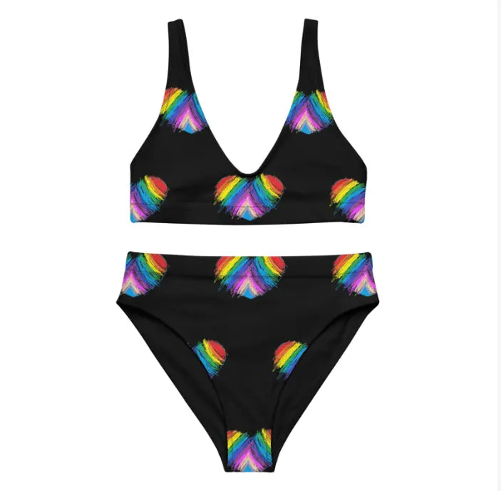 Rainbow Heart Drawing Recycled high-waisted modest bikini