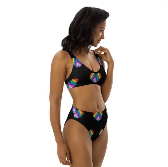 Rainbow Heart Drawing Recycled high-waisted modest bikini