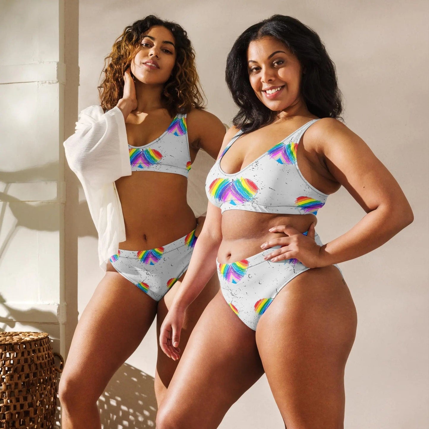 Rainbow Heart Drawing Recycled high-waisted modest bikini in white