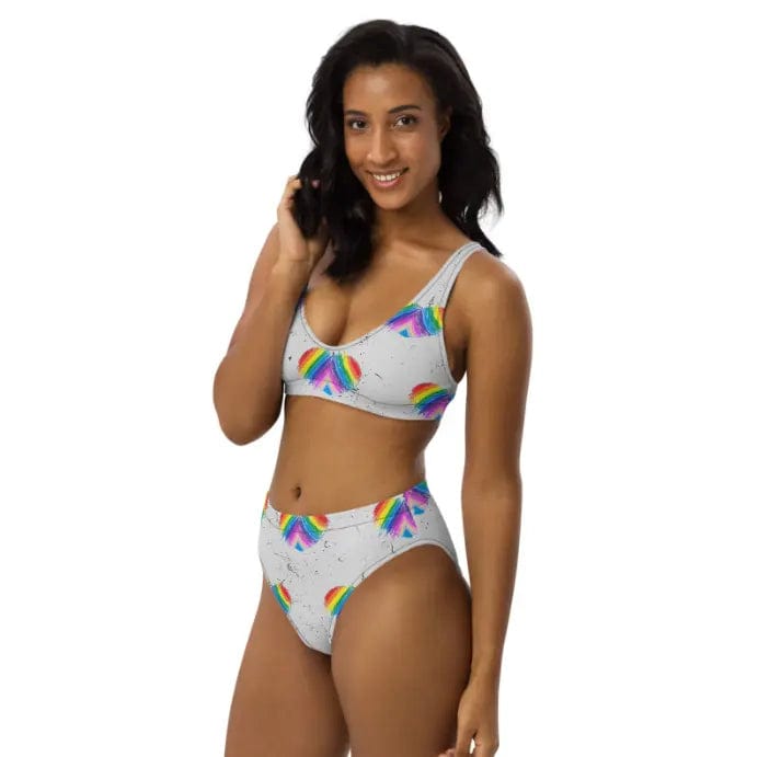 Rainbow Heart Drawing Recycled high-waisted modest bikini in white