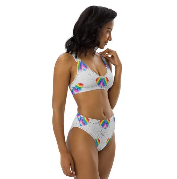 Rainbow Heart Drawing Recycled high-waisted modest bikini in white