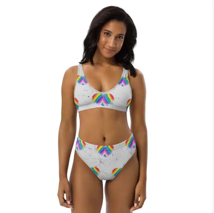 Rainbow Heart Drawing Recycled high-waisted modest bikini in white