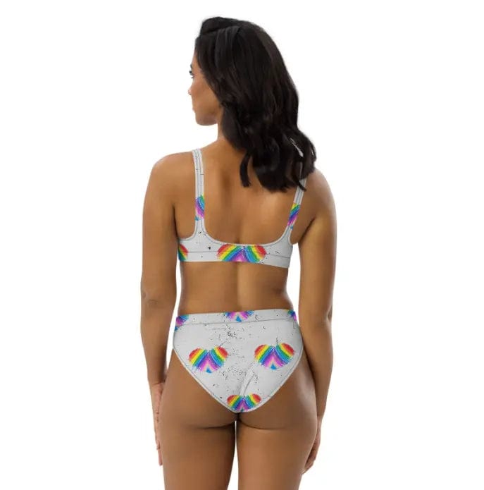 Rainbow Heart Drawing Recycled high-waisted modest bikini in white