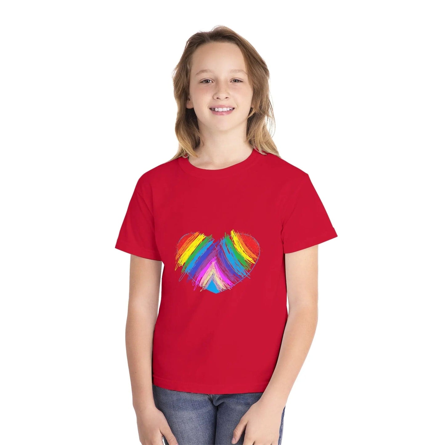 Rainbow Heart Drawing Youth Midweight T-shirt in 16 great colors Red