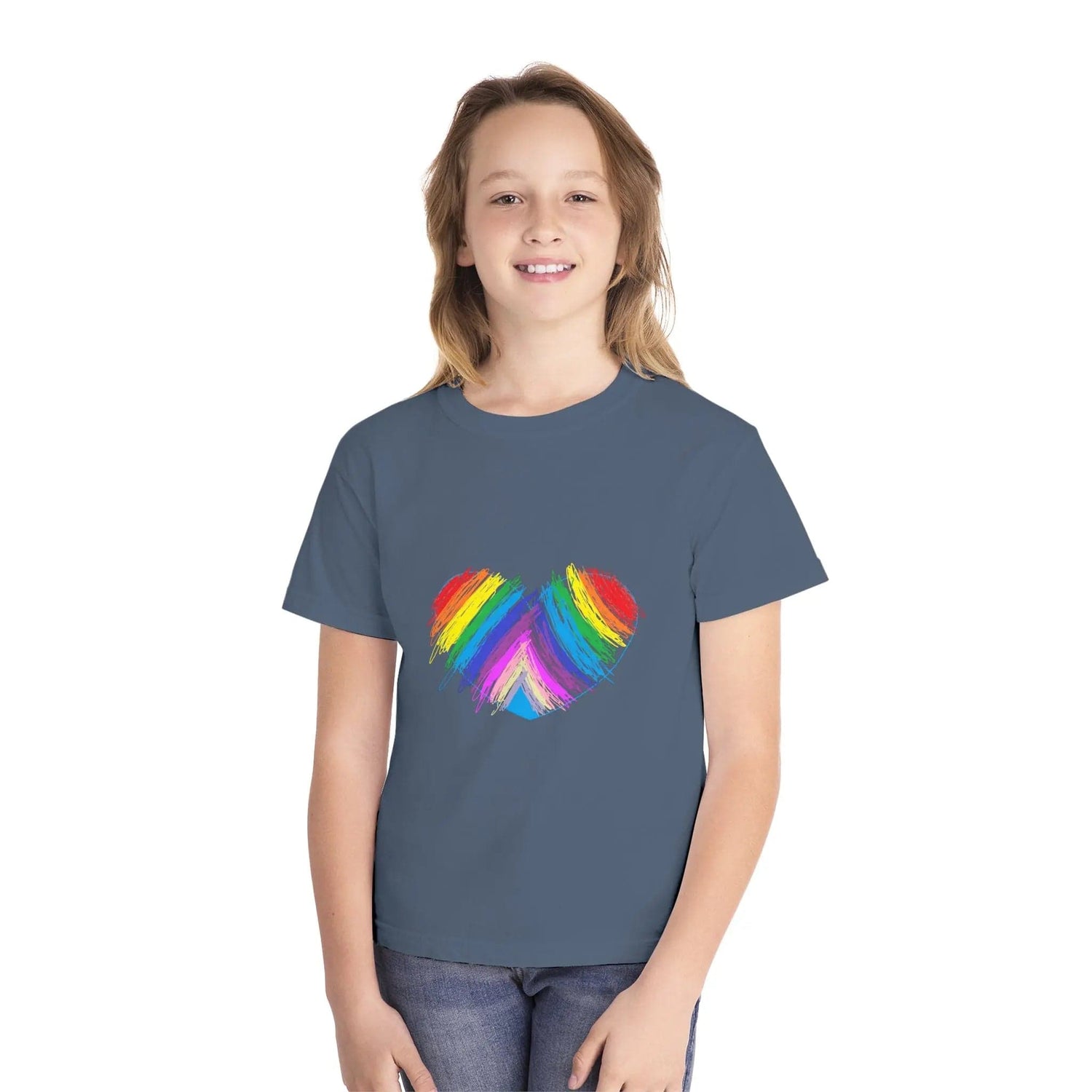 Rainbow Heart Drawing Youth Midweight T-shirt in 16 great colors Blue Jean