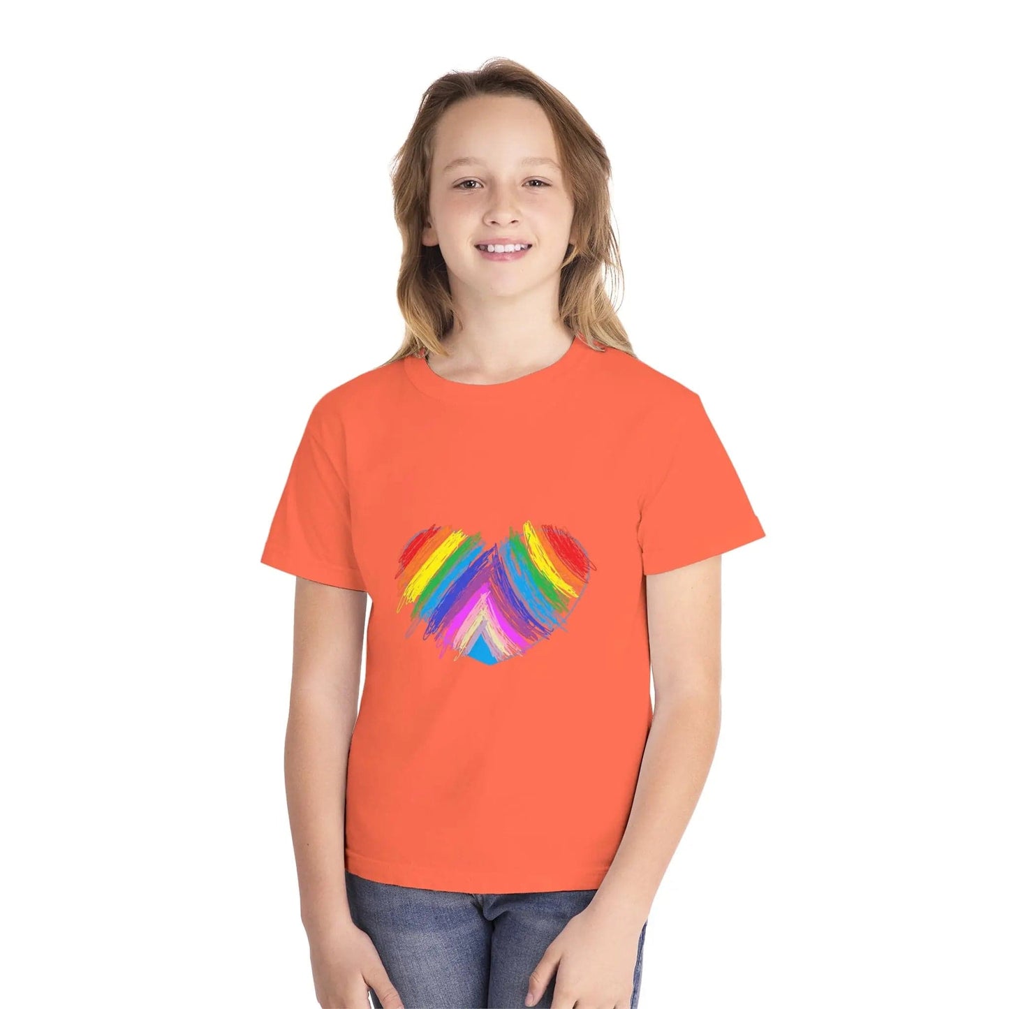 Rainbow Heart Drawing Youth Midweight T-shirt in 16 great colors Bright Salmon