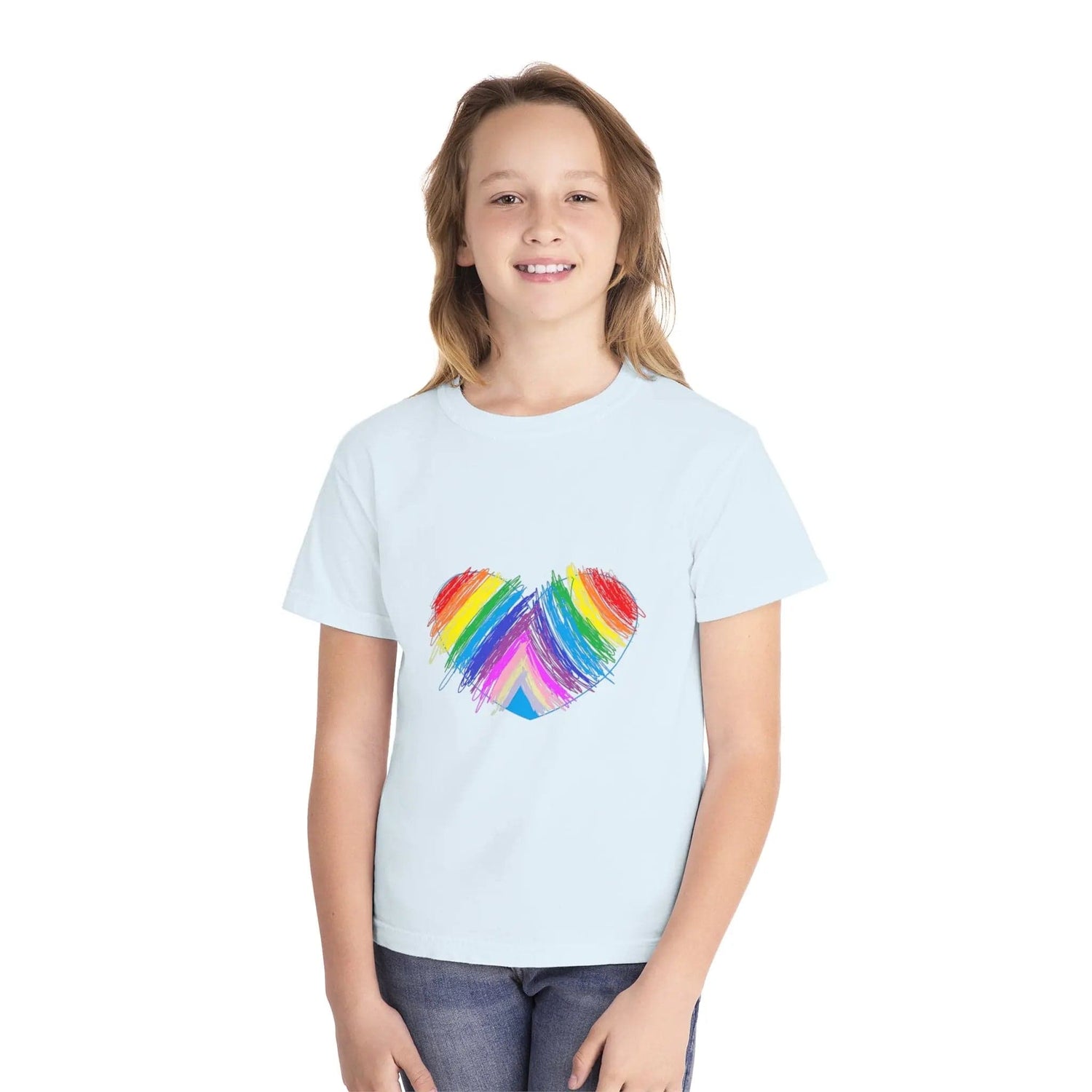 Rainbow Heart Drawing Youth Midweight T-shirt in 16 great colors Chambray