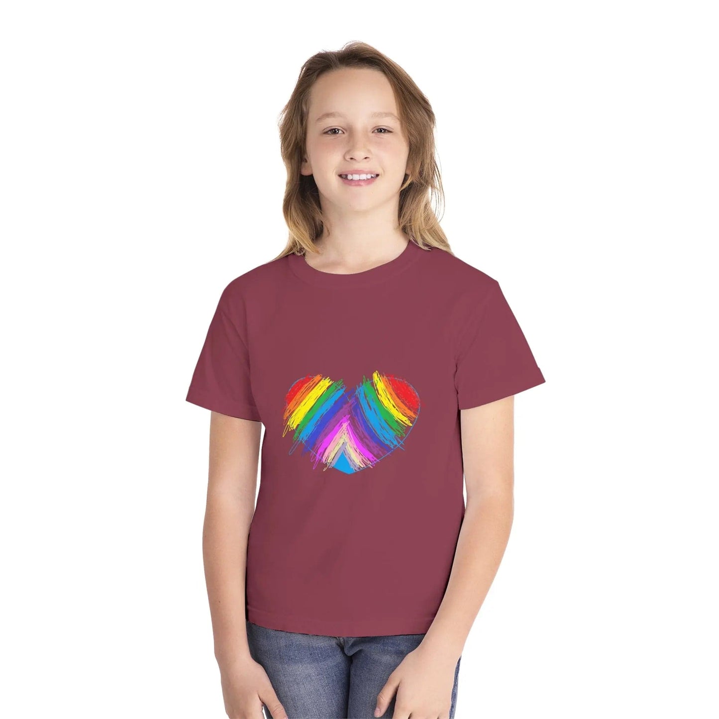 Rainbow Heart Drawing Youth Midweight T-shirt in 16 great colors Crimson