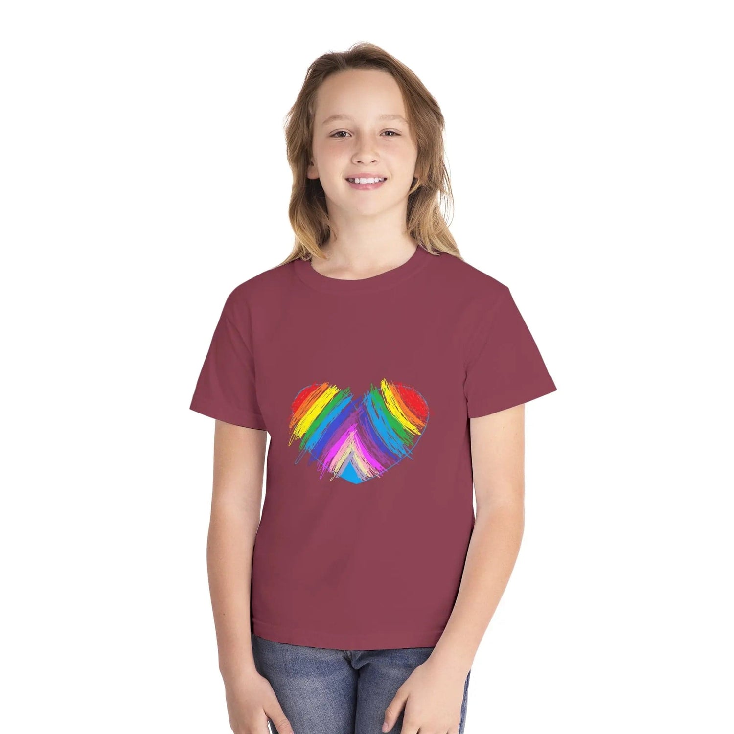 Rainbow Heart Drawing Youth Midweight T-shirt in 16 great colors Crimson