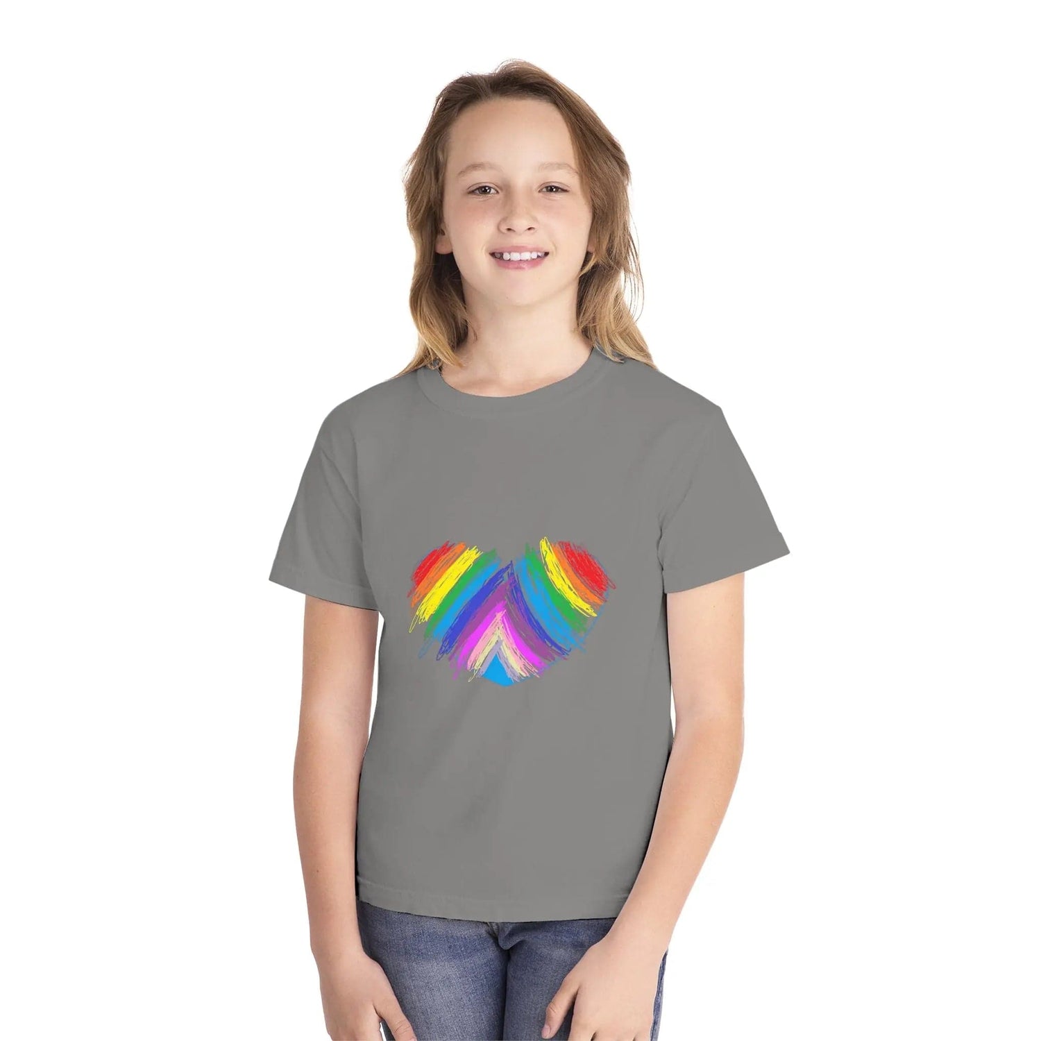 Rainbow Heart Drawing Youth Midweight T-shirt in 16 great colors Grey