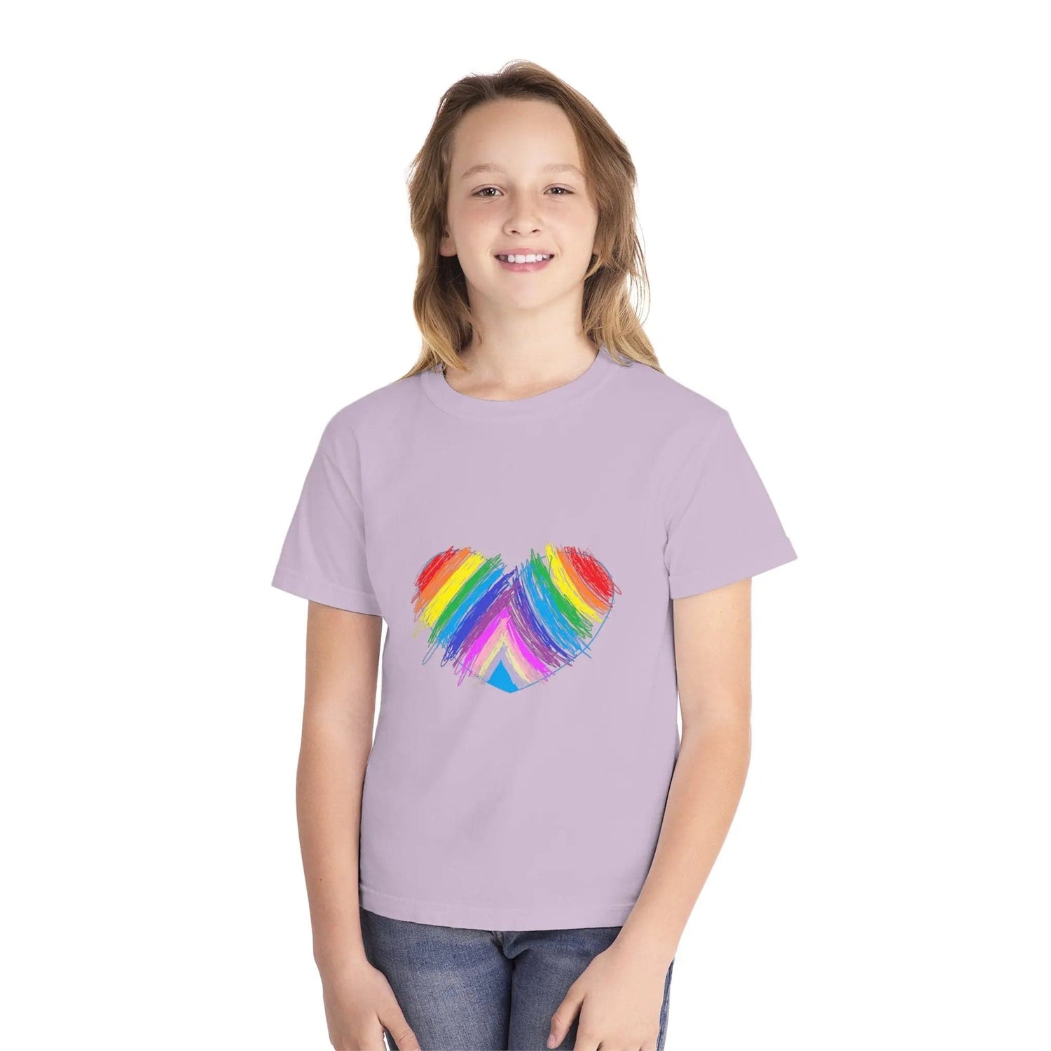 Rainbow Heart Drawing Youth Midweight T-shirt in 16 great colors Orchid