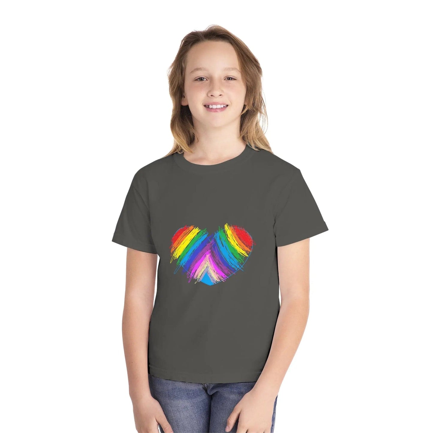 Rainbow Heart Drawing Youth Midweight T-shirt in 16 great colors Pepper